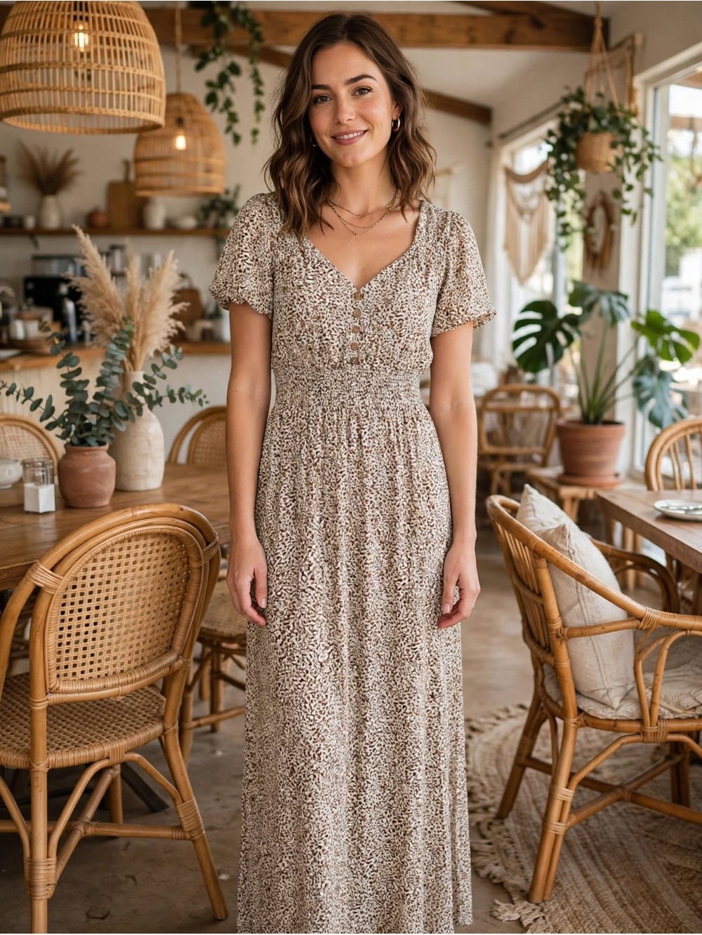 Japna Cream Floral Button-Front Maxi Dress